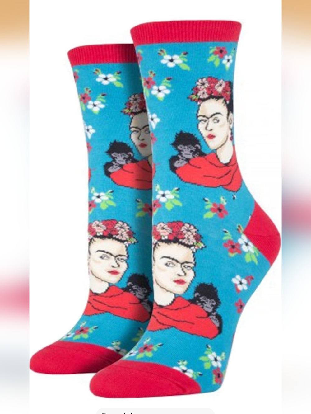 Frida-Inspired Floral Portrait Crew Socks - Blue & Red